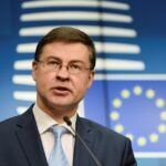 European Commission Vice President Valdis Dombrovskis speaks in Brussels, Belgium, February 16, 2021. REUTERS/Johanna Geron/Pool